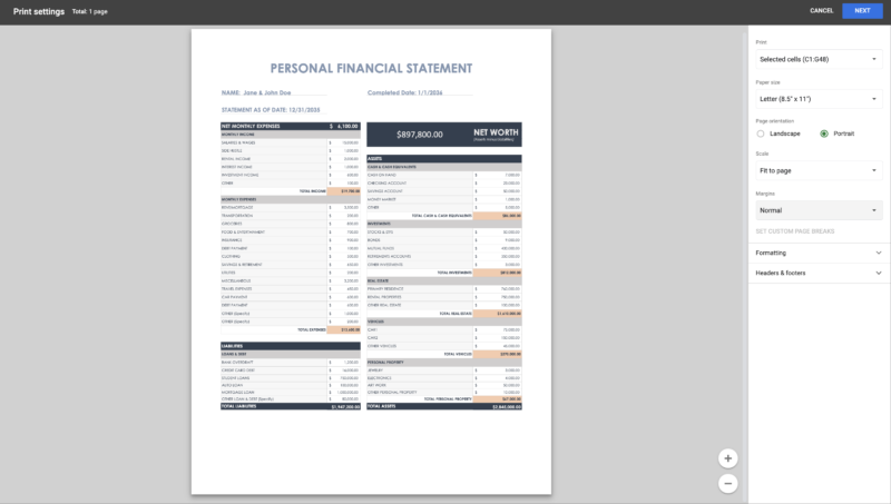 The personal financial statement in the print settings window, ready to print on one page.